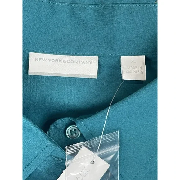 NY&C Teal Stretch Button Down Shirt Women XL NWT Long Sleeve Fitted Blouse Work - Picture 4 of 5